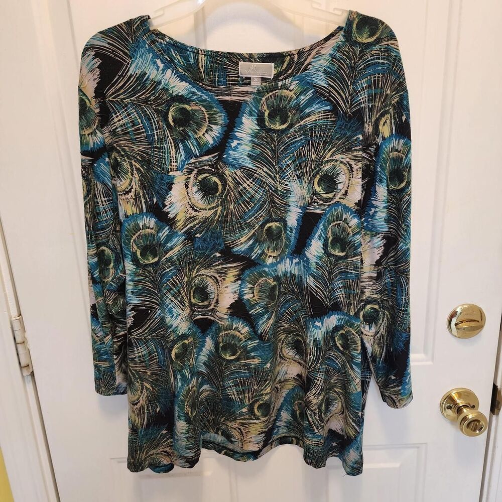 JM Collection blue and black peacock feather print blouse in size 2X